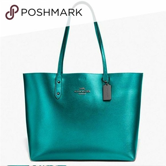 NEW $558 RARE DISNEY METALLIC GREEN LTD EDITION COACH CITY TOTE BAG - Picture 1 of 3